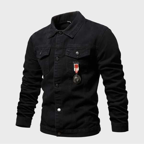 

Men Ornament Flap Pockets Denim Jacket, Black