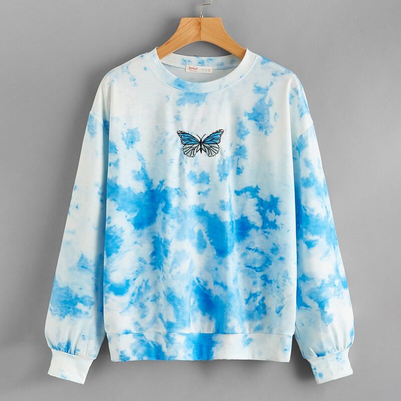 

Butterfly Embroidery Tie Dye Sweatshirt, Blue and white