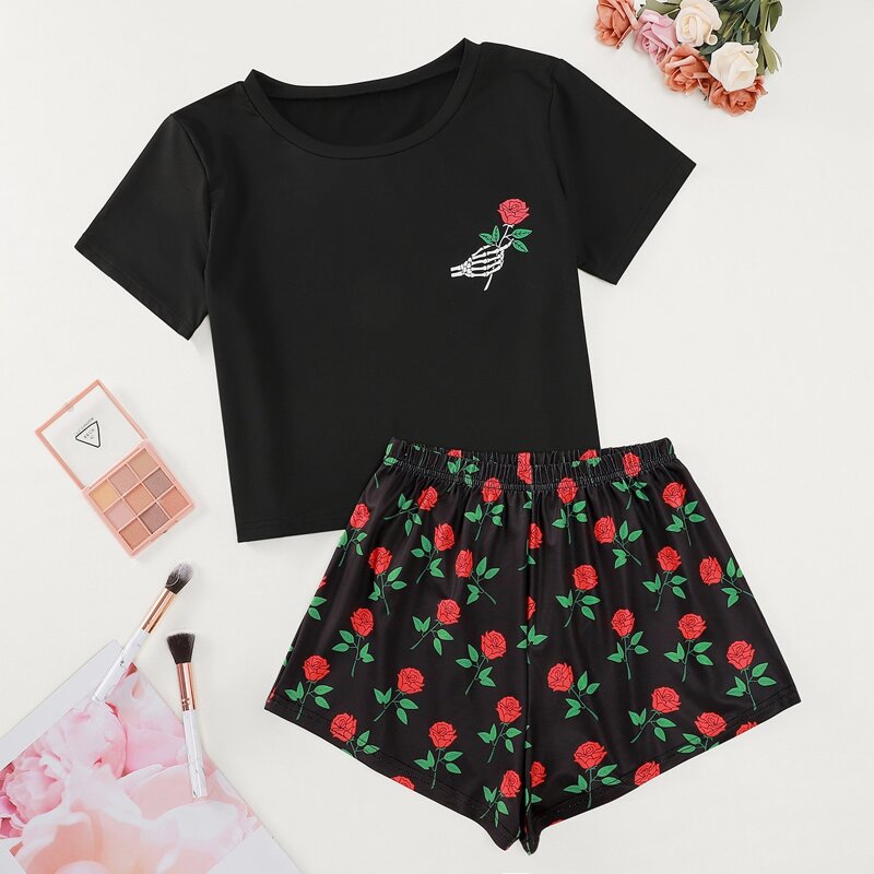 

Skeleton Hand And Rose Print Pajama Set, Black