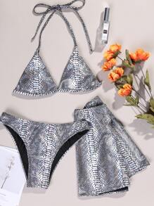 3packs Metallic Halter Bikini Set & Beach Skirt Summer Beach - Silver - View 4