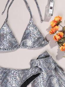 3packs Metallic Halter Bikini Set & Beach Skirt Summer Beach - Silver - View 5