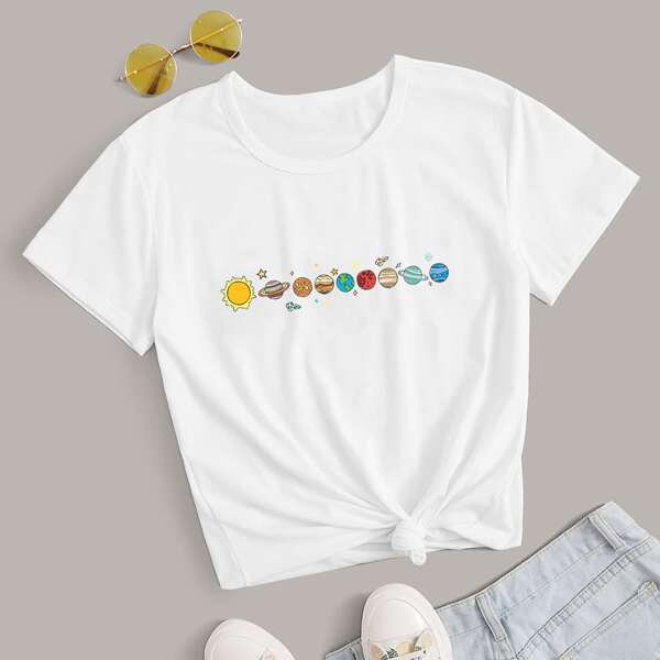 

Planet Print Round Neck Tee, White