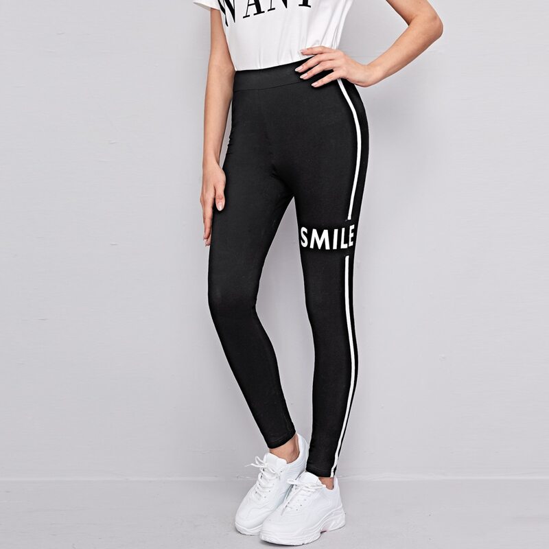 

Letter Graphic Contrast Sideseam Leggings, Black