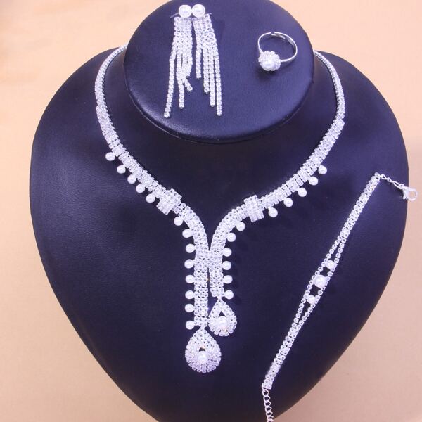 

4pcs Faux Pearl & Rhinestone Decor Jewelry Set, Silver