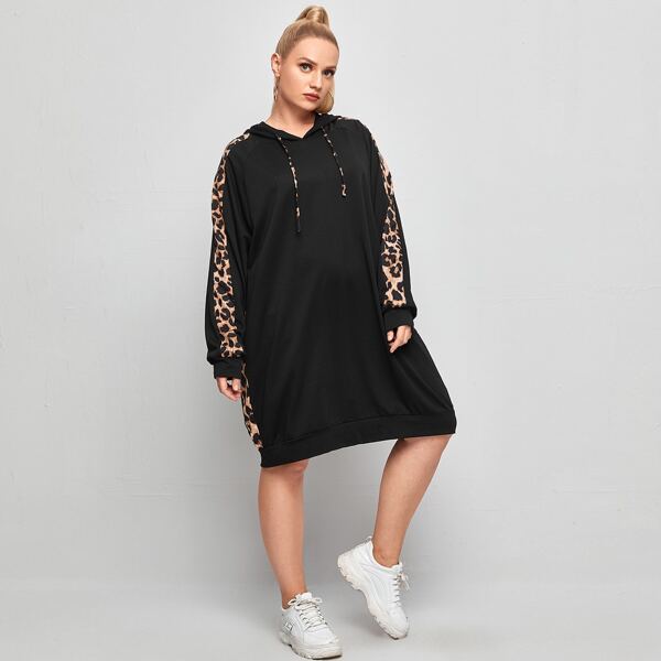

Plus Leopard Panel Hoodie Dress, Black