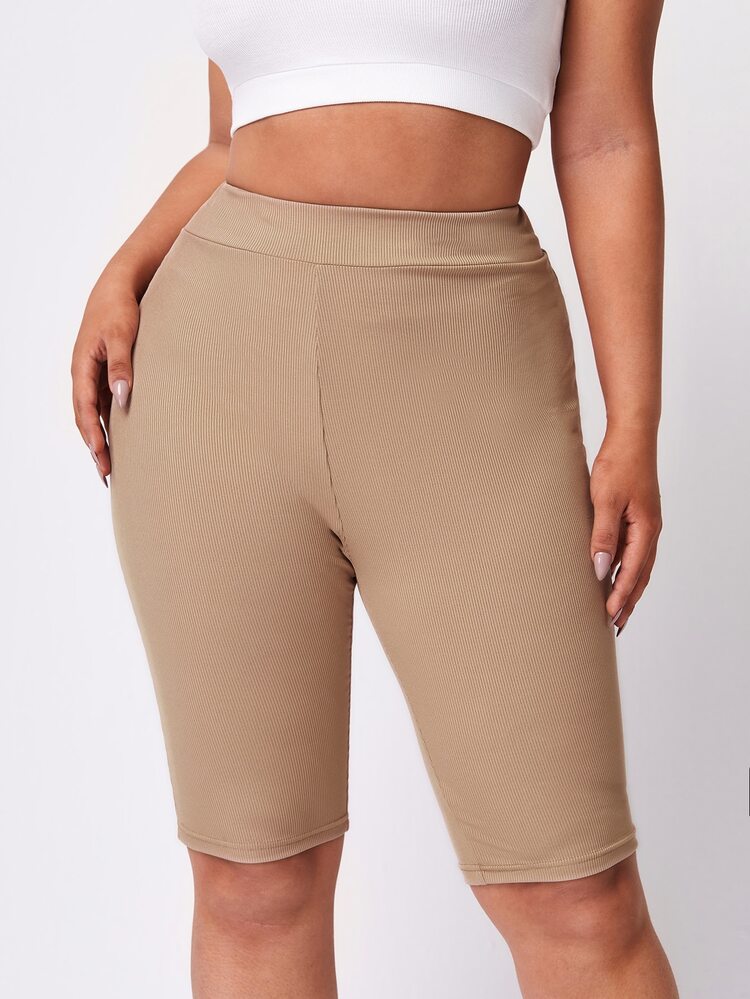 Flirla Plus Solid Rib Knit Biker Shorts - Khaki - View 4
