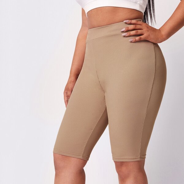 

Plus Solid Rib Knit Biker Shorts, Khaki