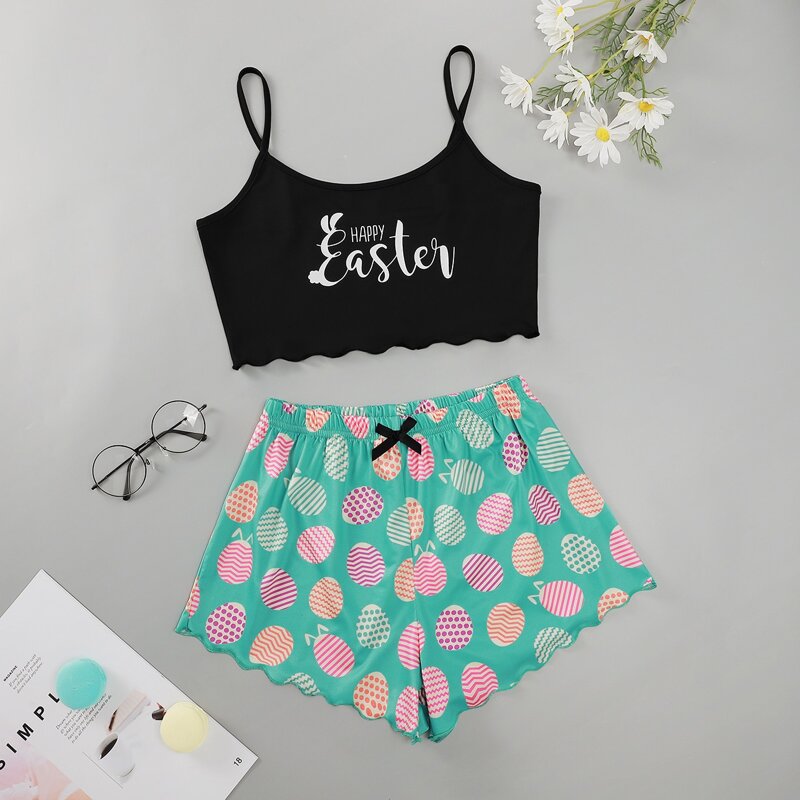 

Slogan & Cartoon Graphic Bow Pajama Set, Multicolor