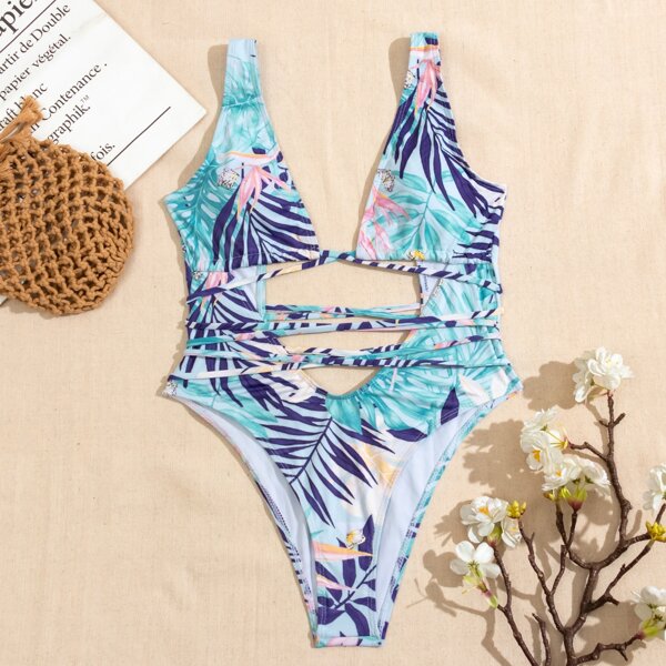 

Tropical Crisscross Cut-out One Piece Swimsuit, Multicolor