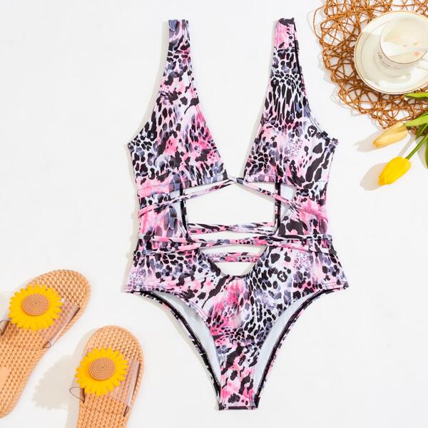 

Leopard Crisscross Cut-out One Piece Swimsuit, Multicolor