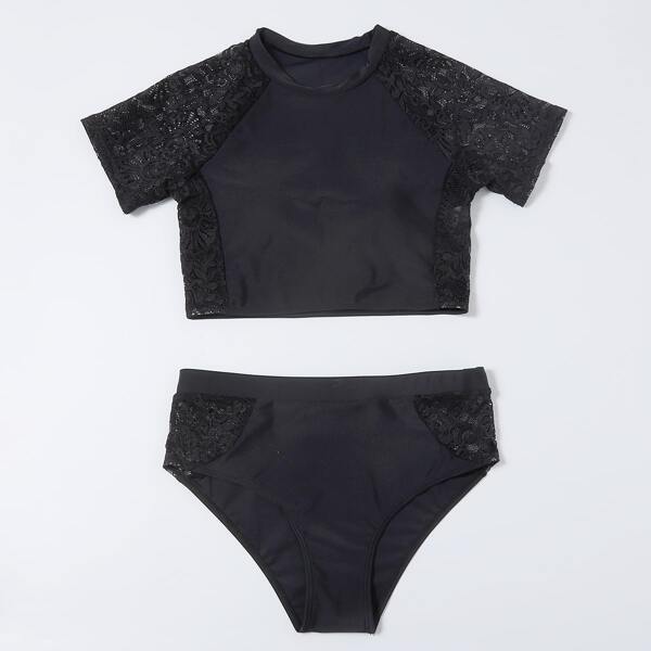 

Contrast Lace High Waisted Bikini Swimsuit, Black