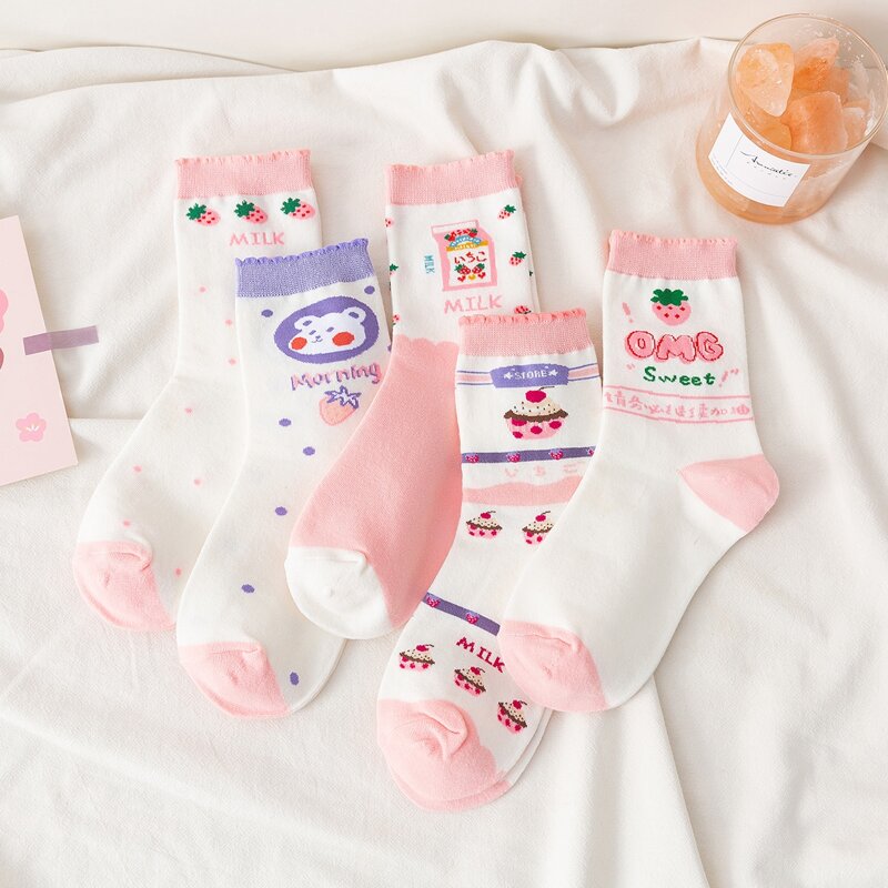 

5pairs Cartoon Pattern Socks, Pink