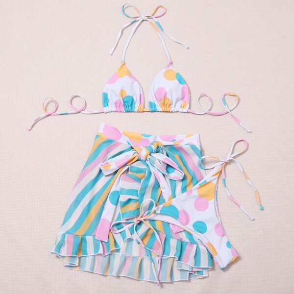 

3pack Polka Dot & Striped Triangle Ruffle Bikini Swimsuit, Multicolor