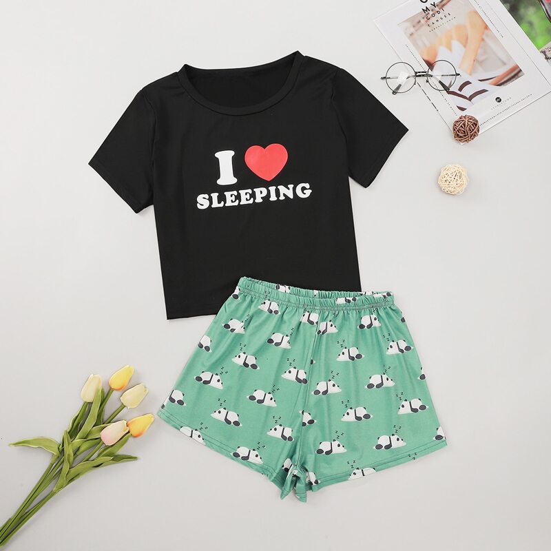 

Cartoon & Letter Graphic Pajama Set, Multicolor