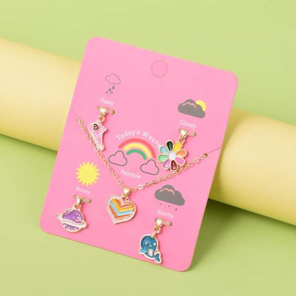 

1pc Girls Heart Charm Necklace & 4pcs Pendant, Multicolor