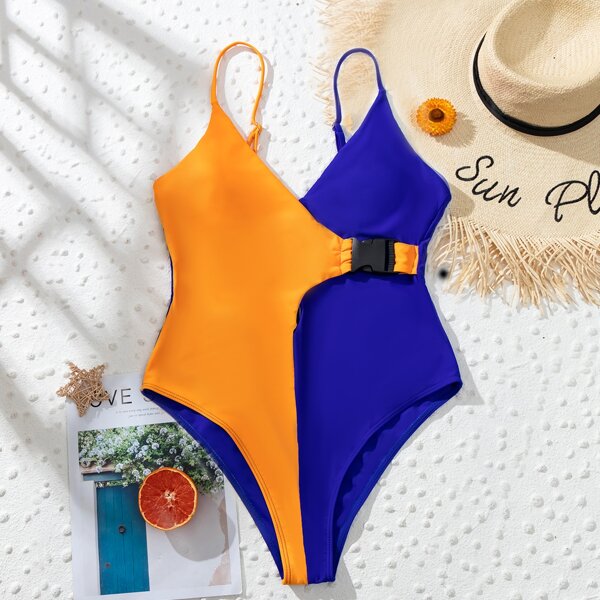 

Two Tone Release Buckle One Piece Swimsuit, Multicolor