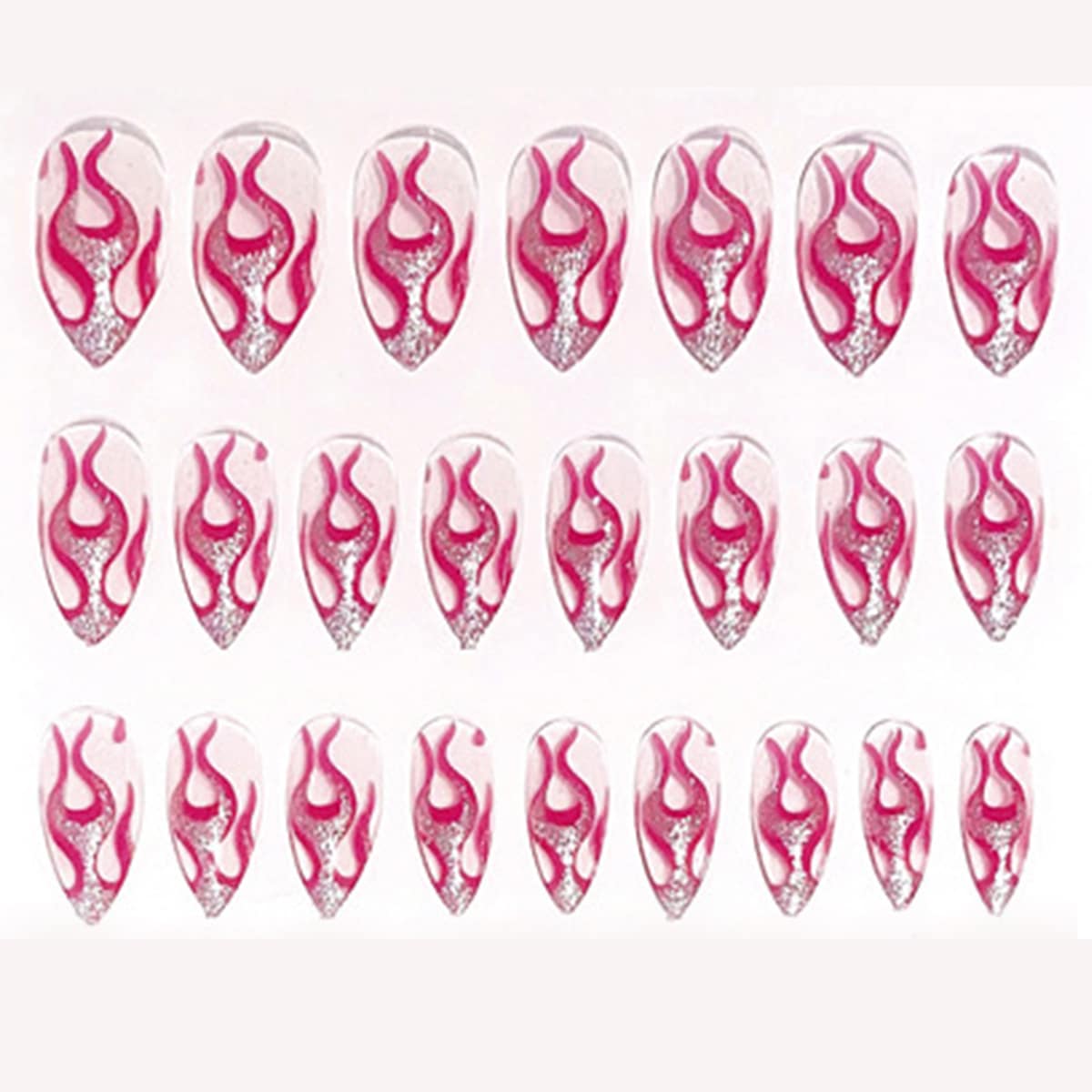 

24pcs Glitter Flame Fake Nail & 24pcs Tape, Hot pink