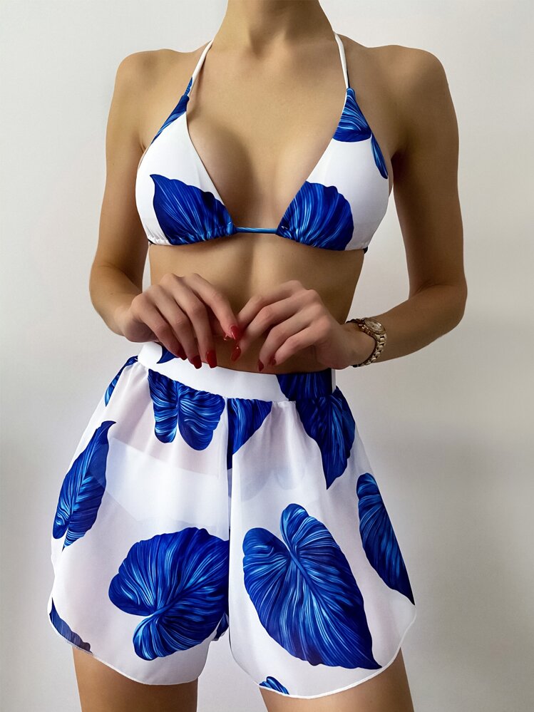 SHEIN Swim Summer Beach 3packs Leaf Print Triangle Bikini Set - Blue and White - View 1