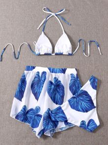 SHEIN Swim Summer Beach 3packs Leaf Print Triangle Bikini Set - Blue and White - View 2
