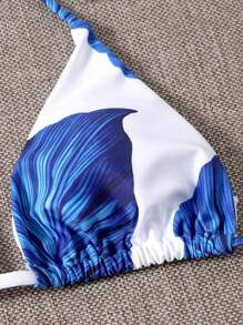 SHEIN Swim Summer Beach 3packs Leaf Print Triangle Bikini Set - Blue and White - View 3