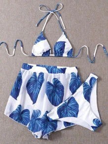 SHEIN Swim Summer Beach 3packs Leaf Print Triangle Bikini Set - Blue and White - View 4