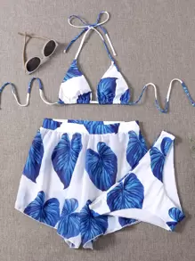 SHEIN Swim Summer Beach 3packs Leaf Print Triangle Bikini Set - Blue and White - View 6