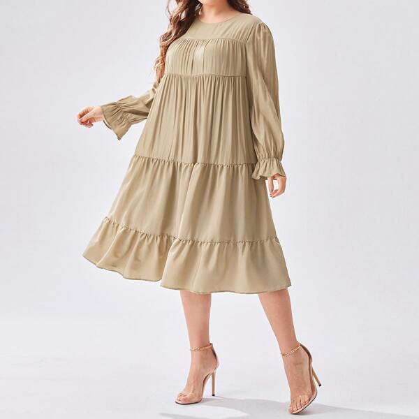 

Plus Solid Flounce Sleeve Ruffle Hem Babydoll Dress, Khaki