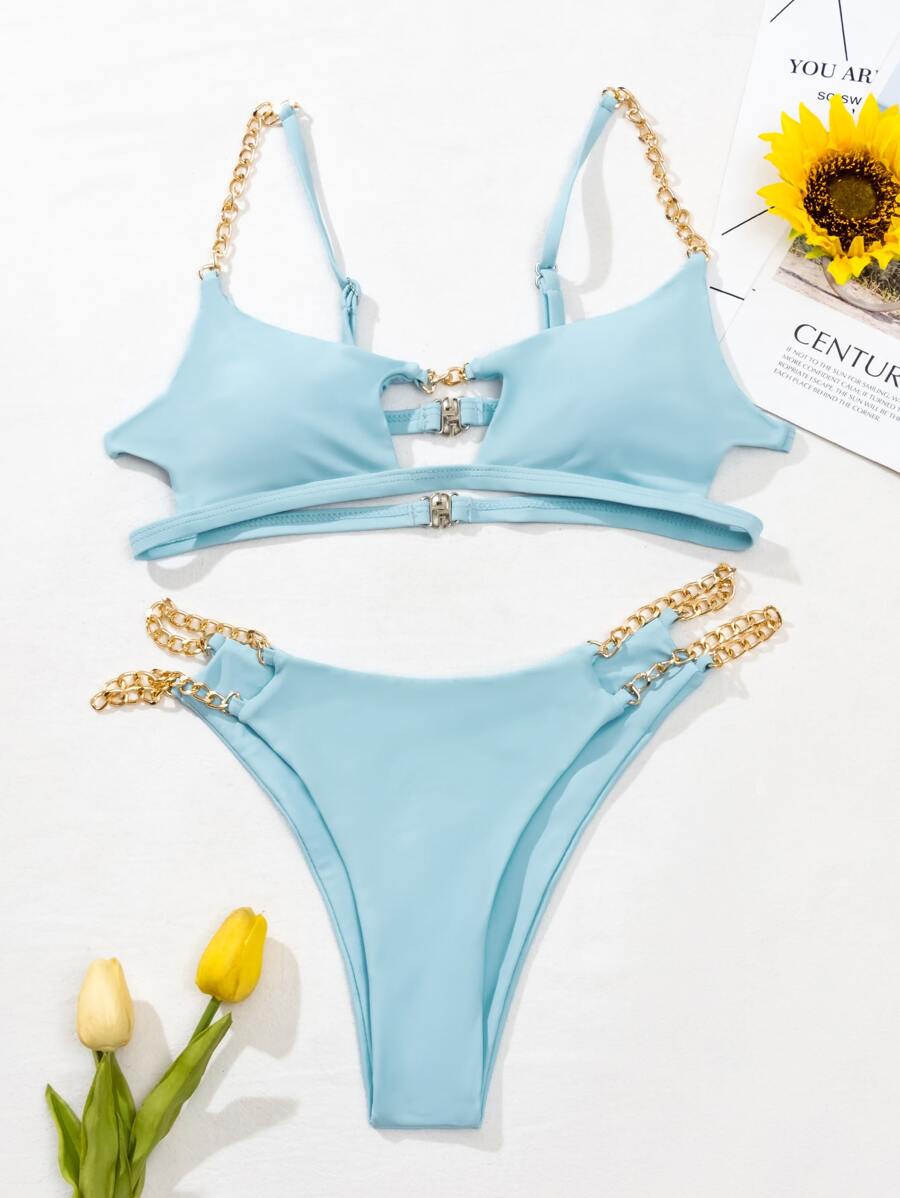 Chain Strap Cut Out Bikini Set Summer Beach - Baby Blue - View 1