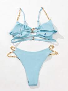 Chain Strap Cut Out Bikini Set Summer Beach - Baby Blue - View 2