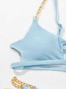 Chain Strap Cut Out Bikini Set Summer Beach - Baby Blue - View 3