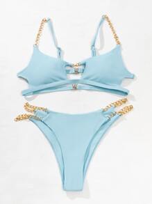 Chain Strap Cut Out Bikini Set Summer Beach - Baby Blue - View 4