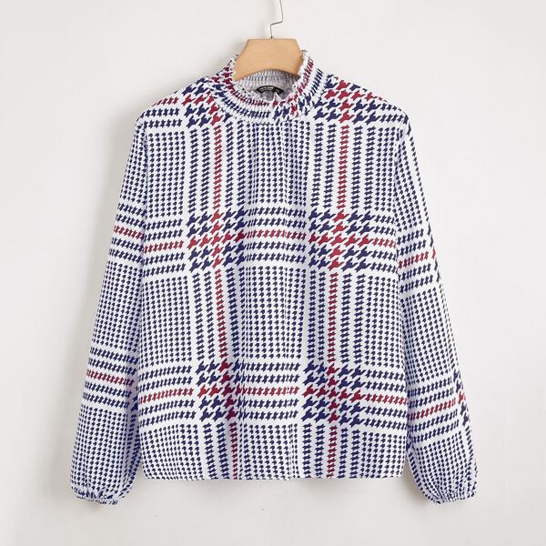 

Plus Ruffle Neck Houndstooth Blouse, Blue and white