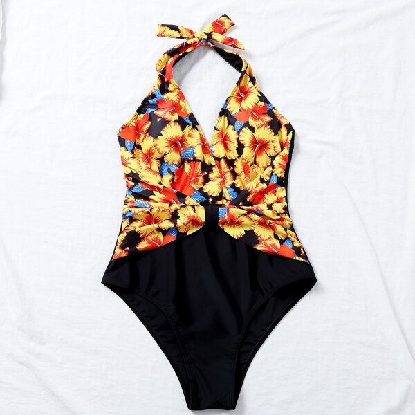 

Floral Halter One Piece Swimsuit, Multicolor