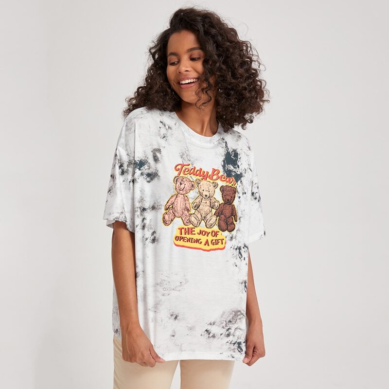 

Tie Dye Cartoon Bear Oversized Tee, White
