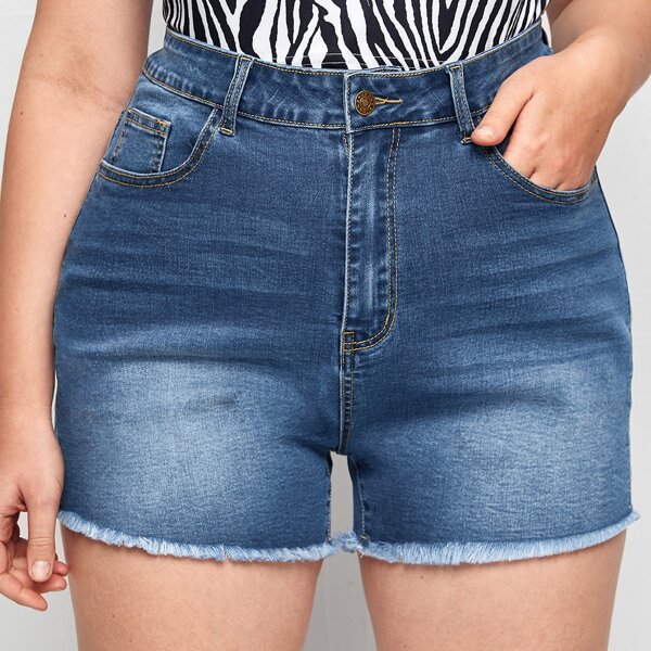 

Plus Raw Hem Straight Leg Denim Shorts, Dark wash
