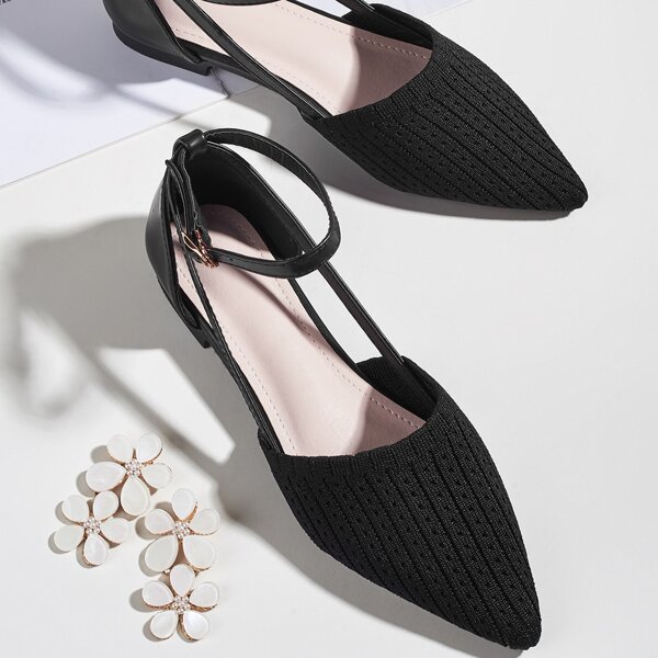 

Point Toe Knit Ankle Strap Flats, Black