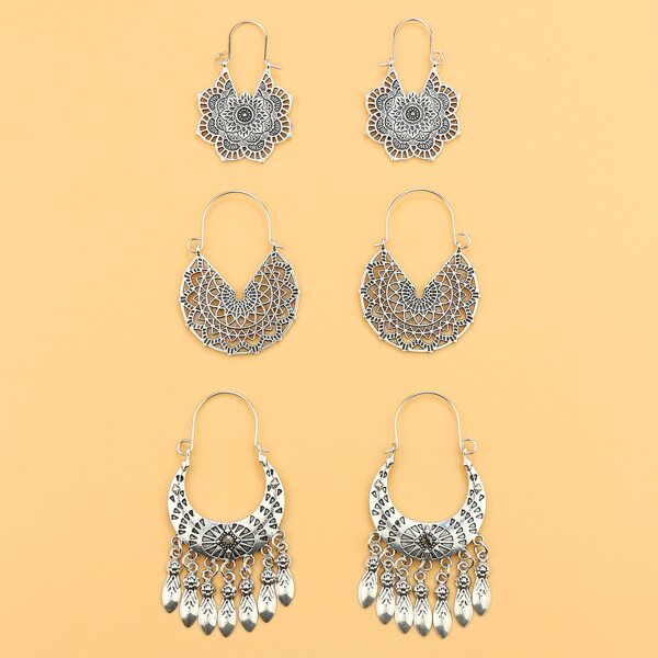 

3pairs Metal Tassel Charm Earrings, Antique silver