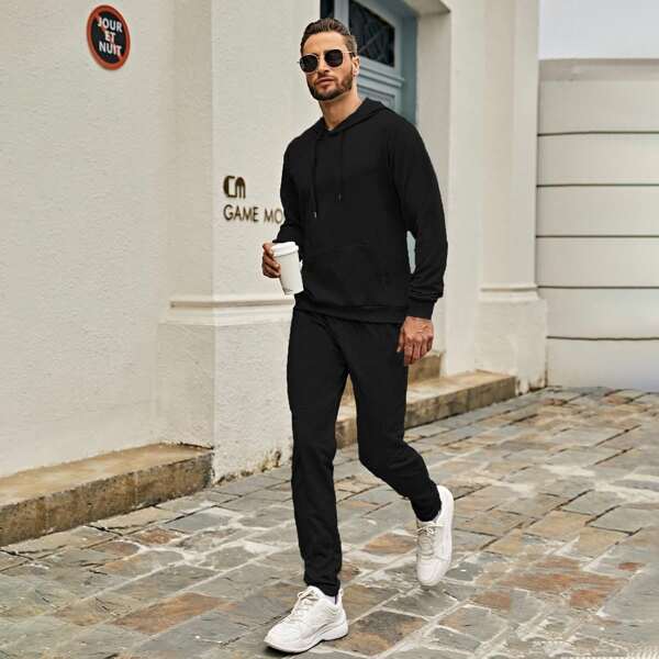 

Men Solid Kangaroo Pocket Drawstring Hoodie & Sweatpants, Black