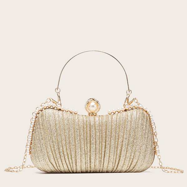 

Faux Pearl Decor Glitter Clutch Bag, Gold