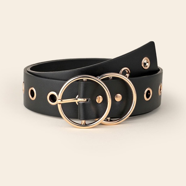 

Eyelet Decor Double O-ring Buckle Belt, Black