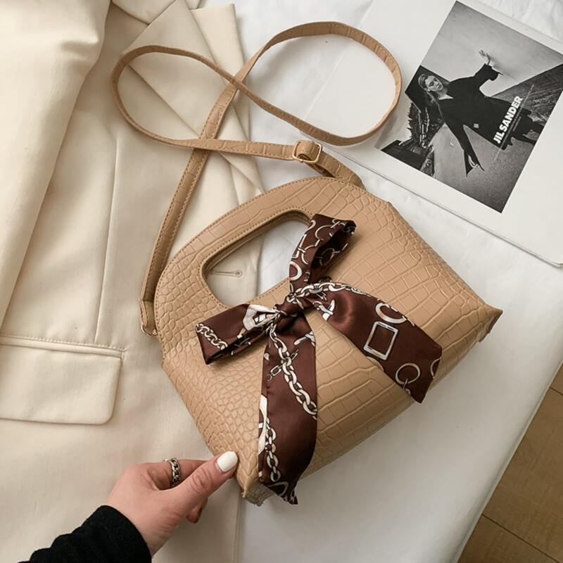 

Scarf Bow Knot Croc Embossed Satchel Bag, Khaki