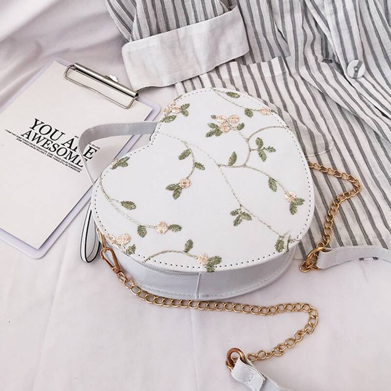 

Floral Embroidery Heart Shaped Satchel Bag, White