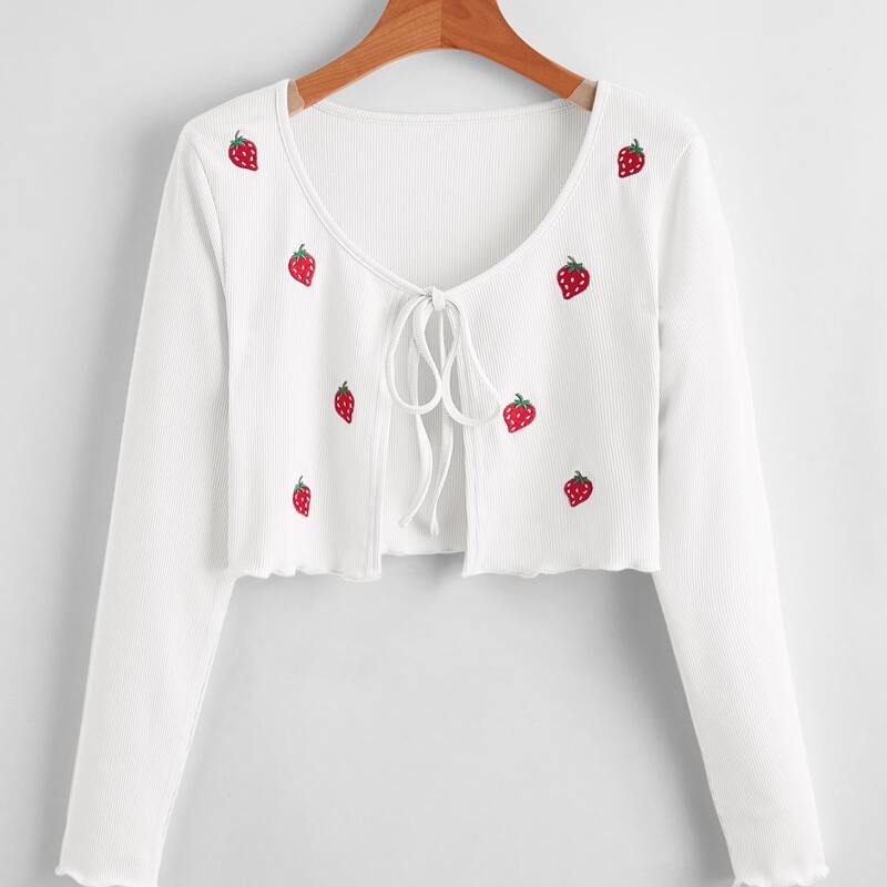 

Strawberry Embroidery Tie Front Crop Top, White