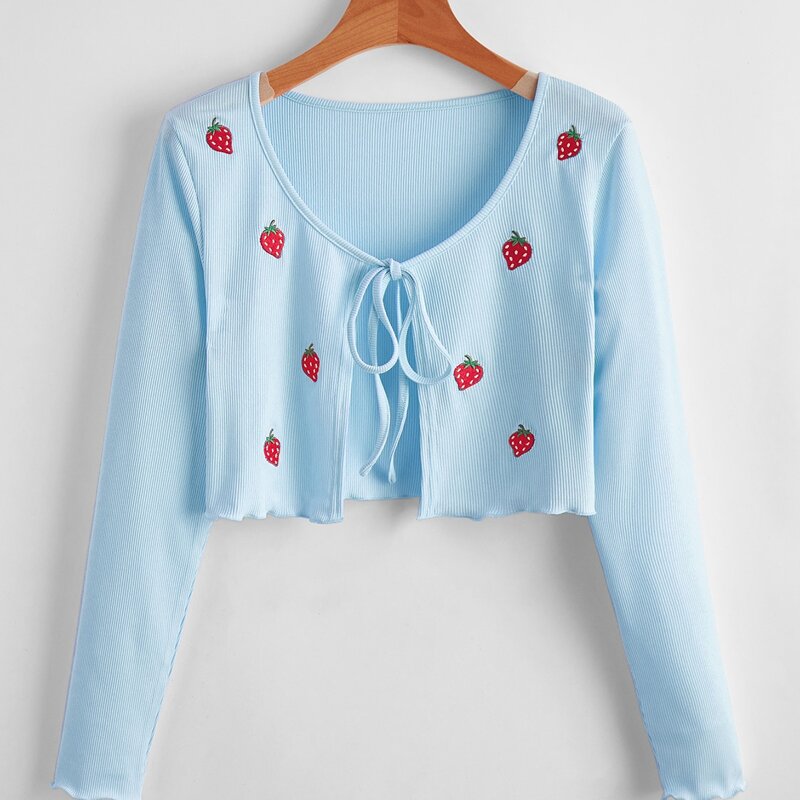 

Strawberry Embroidery Tie Front Crop Top, Baby blue