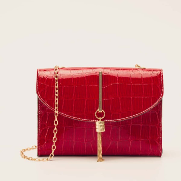 

Mini Tassel Charm Croc Embossed Chain Bag, Red