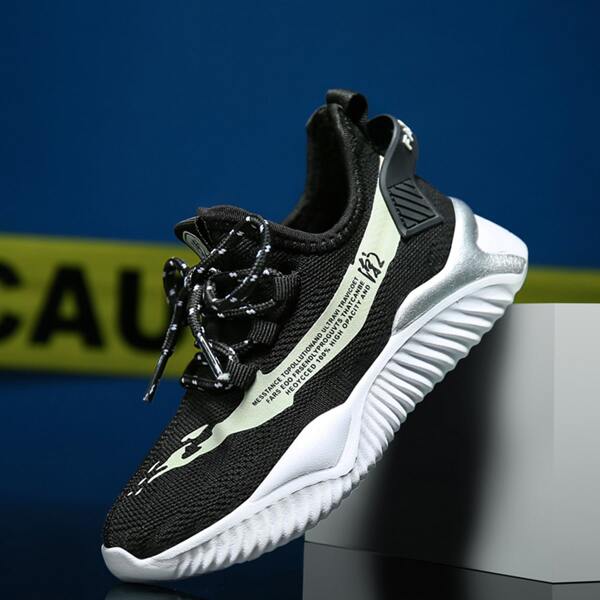 

Boys Lace-up Decor Knit Sneakers, Black