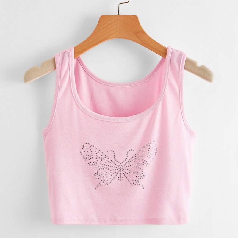 

Rhinestone Butterfly Crop Tank, Baby pink