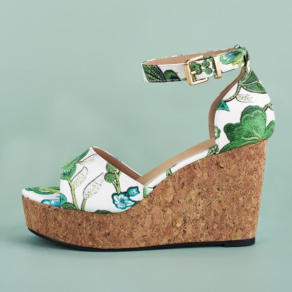 

Plants Graphic Ankle Strap Wedge Sandals, Green