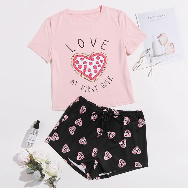 

Heart & Slogan Graphic Knot Waist PJ Set, Multicolor