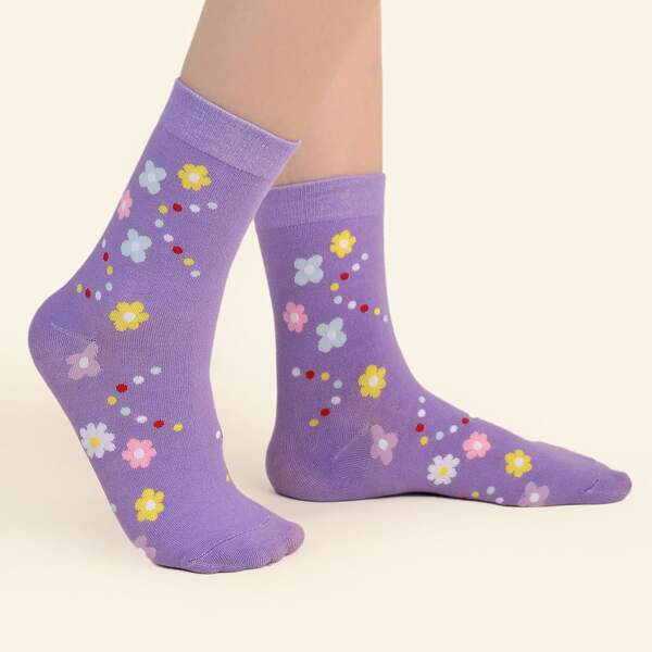 

Floral Print Crew Socks, Purple